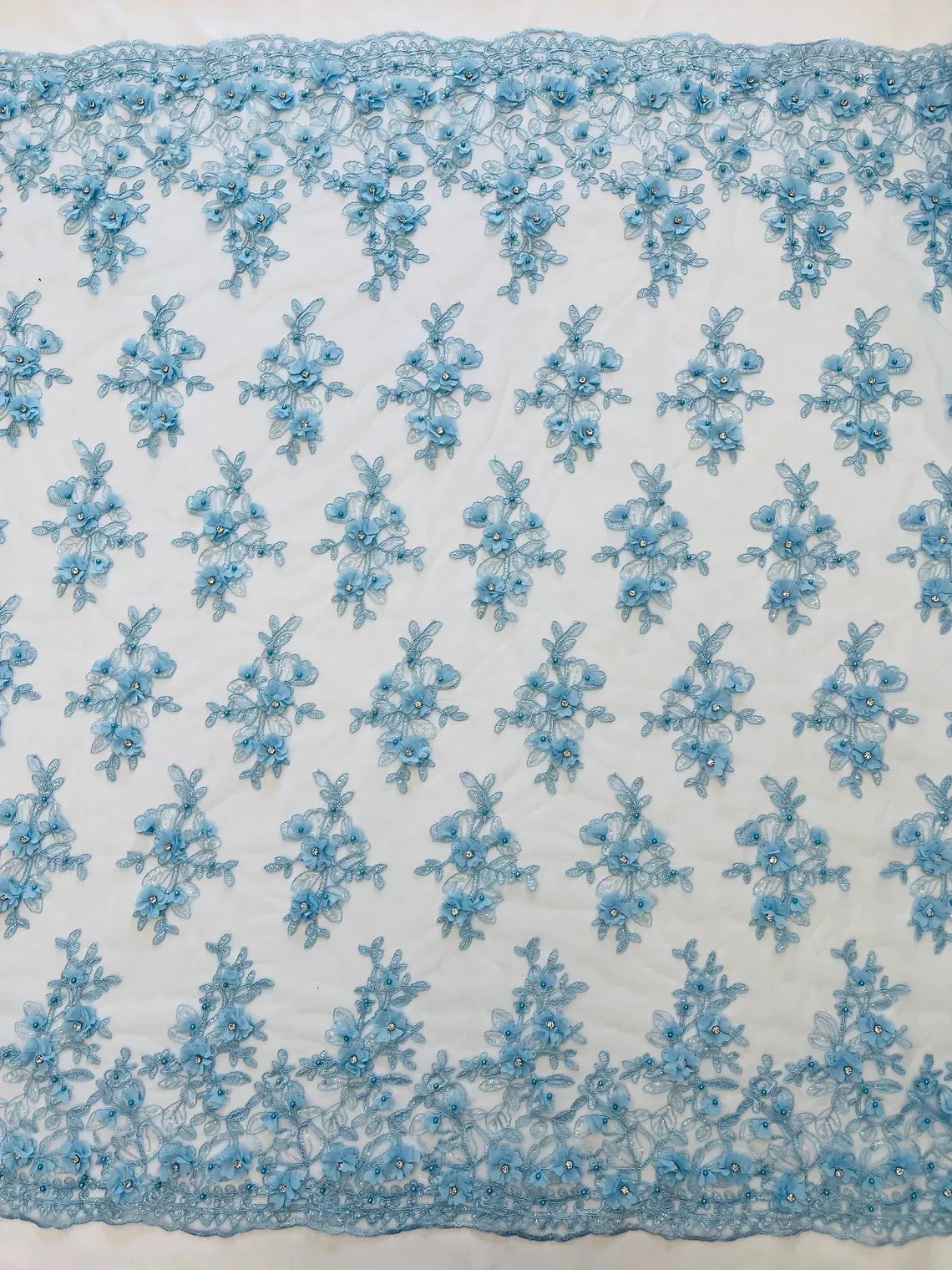 3D Floral Rhinestone Fabric - Beaded Flower Designs with Sequins & Rhinestones By Yard