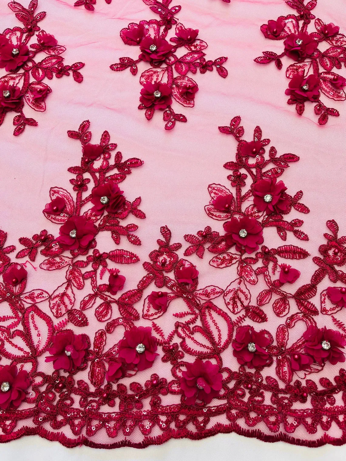 3D Floral Rhinestone Fabric - Beaded Flower Designs with Sequins & Rhinestones By Yard