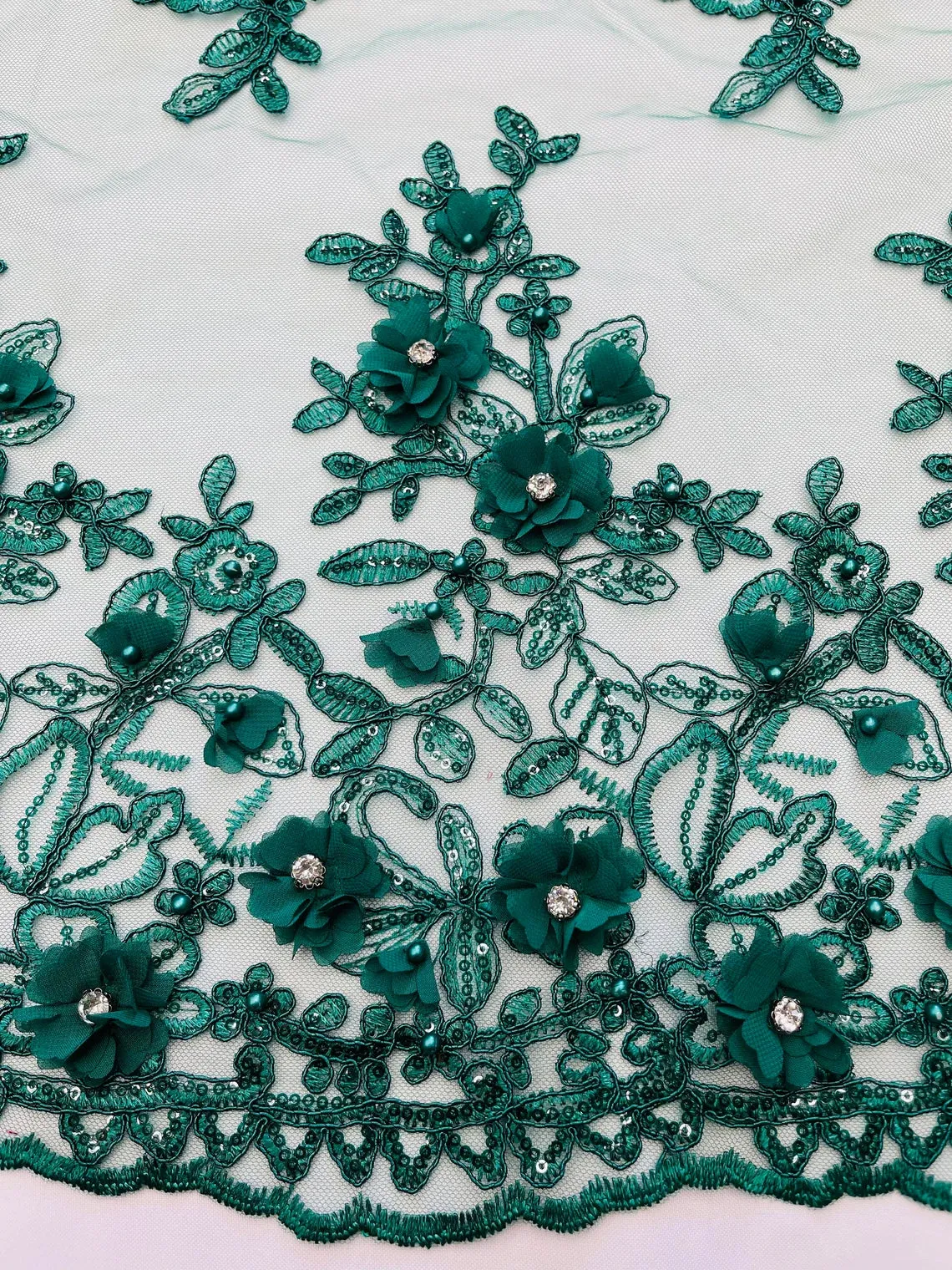 3D Floral Rhinestone Fabric - Beaded Flower Designs with Sequins & Rhinestones By Yard