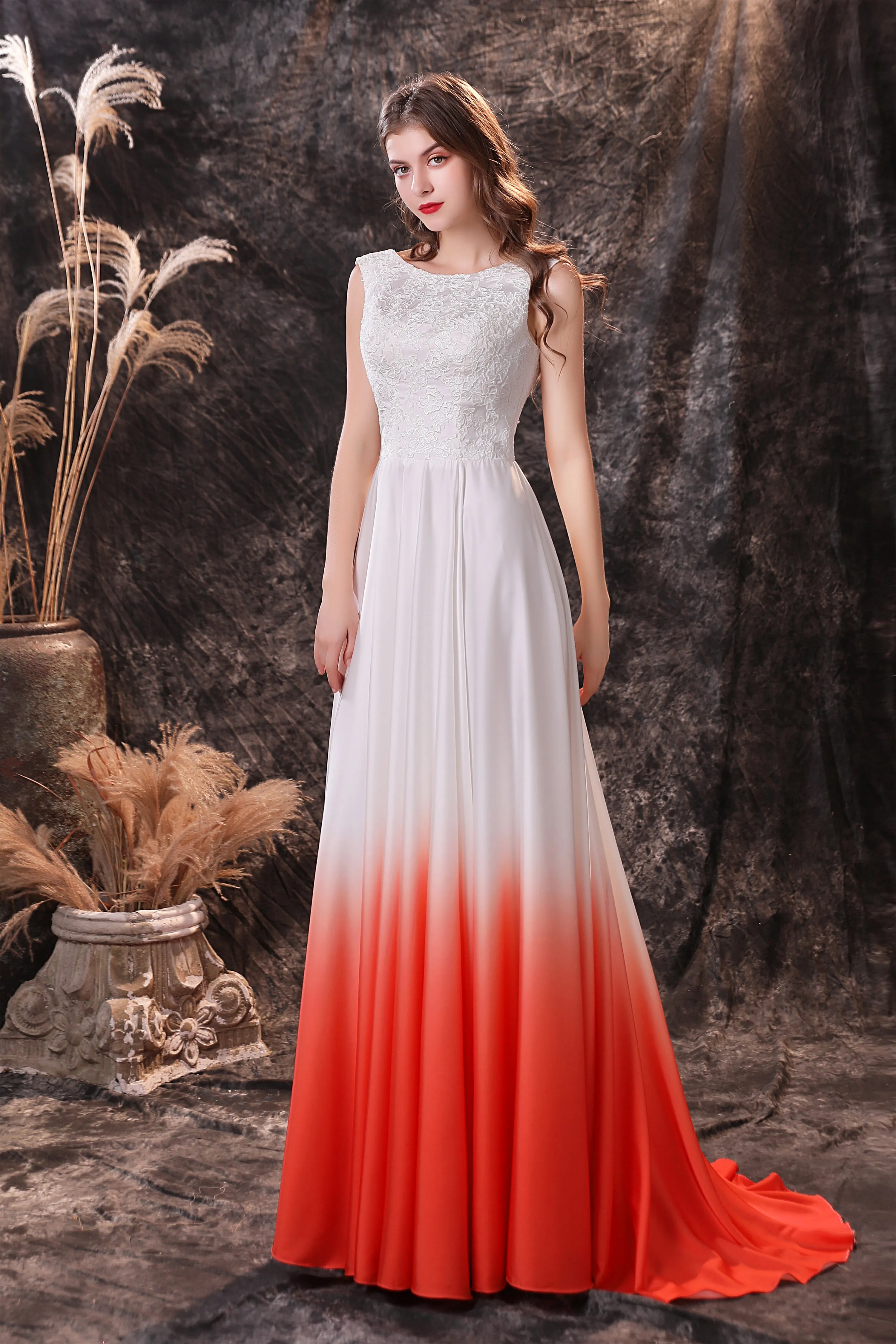 A Line Sleeveless Ombre Silk Like Satin Sweep Train Prom Dresses