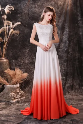 A Line Sleeveless Ombre Silk Like Satin Sweep Train Prom Dresses