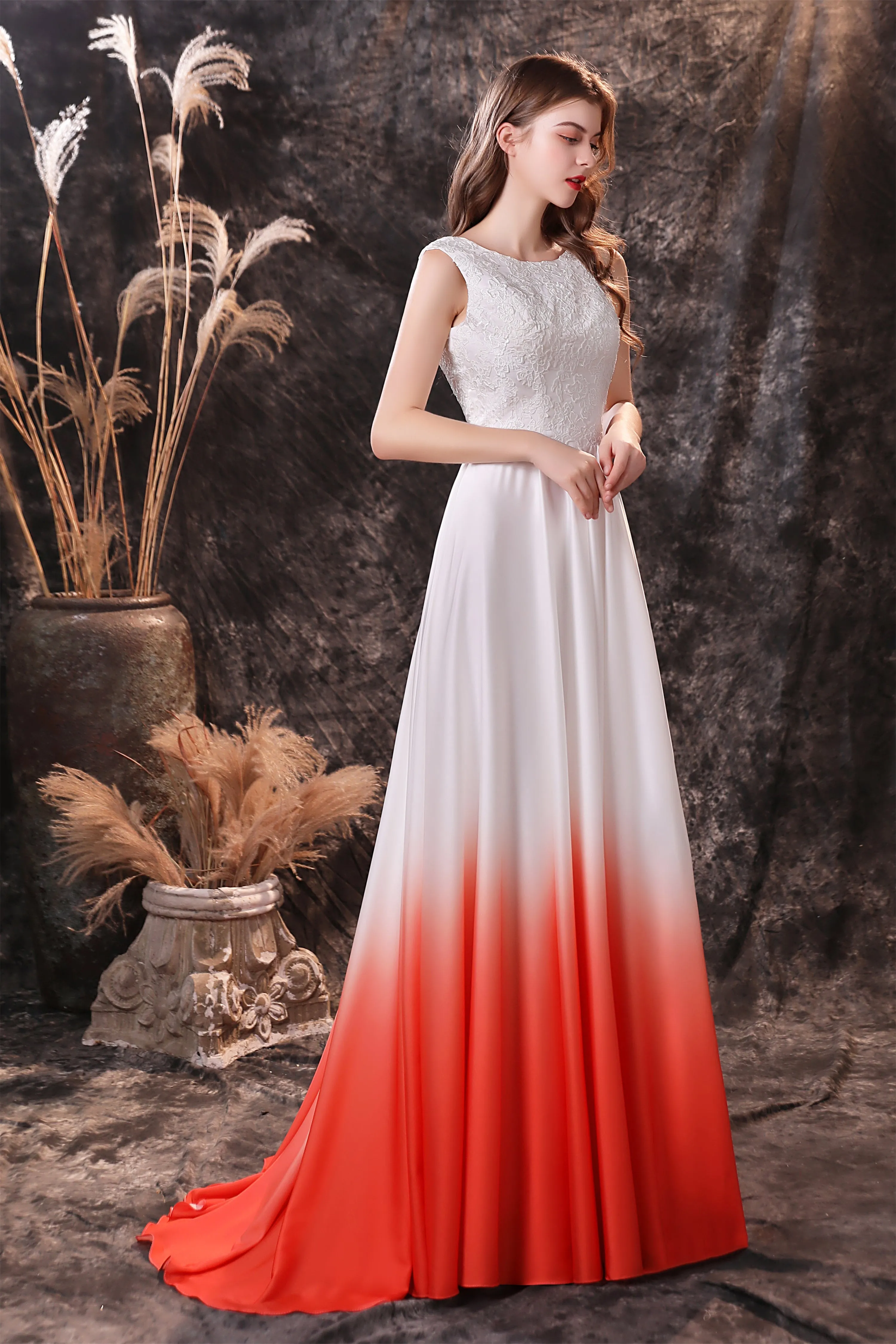 A Line Sleeveless Ombre Silk Like Satin Sweep Train Prom Dresses