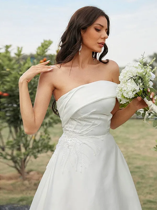 A-Line/Princess Satin Ruched Strapless Sleeveless Sweep/Brush Train Wedding Dresses