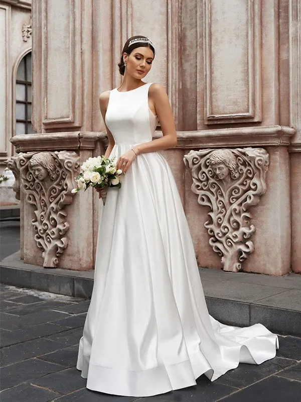 A-Line/Princess Satin Sleeveless Scoop Ruffles Sweep/Brush Train Wedding Dresses