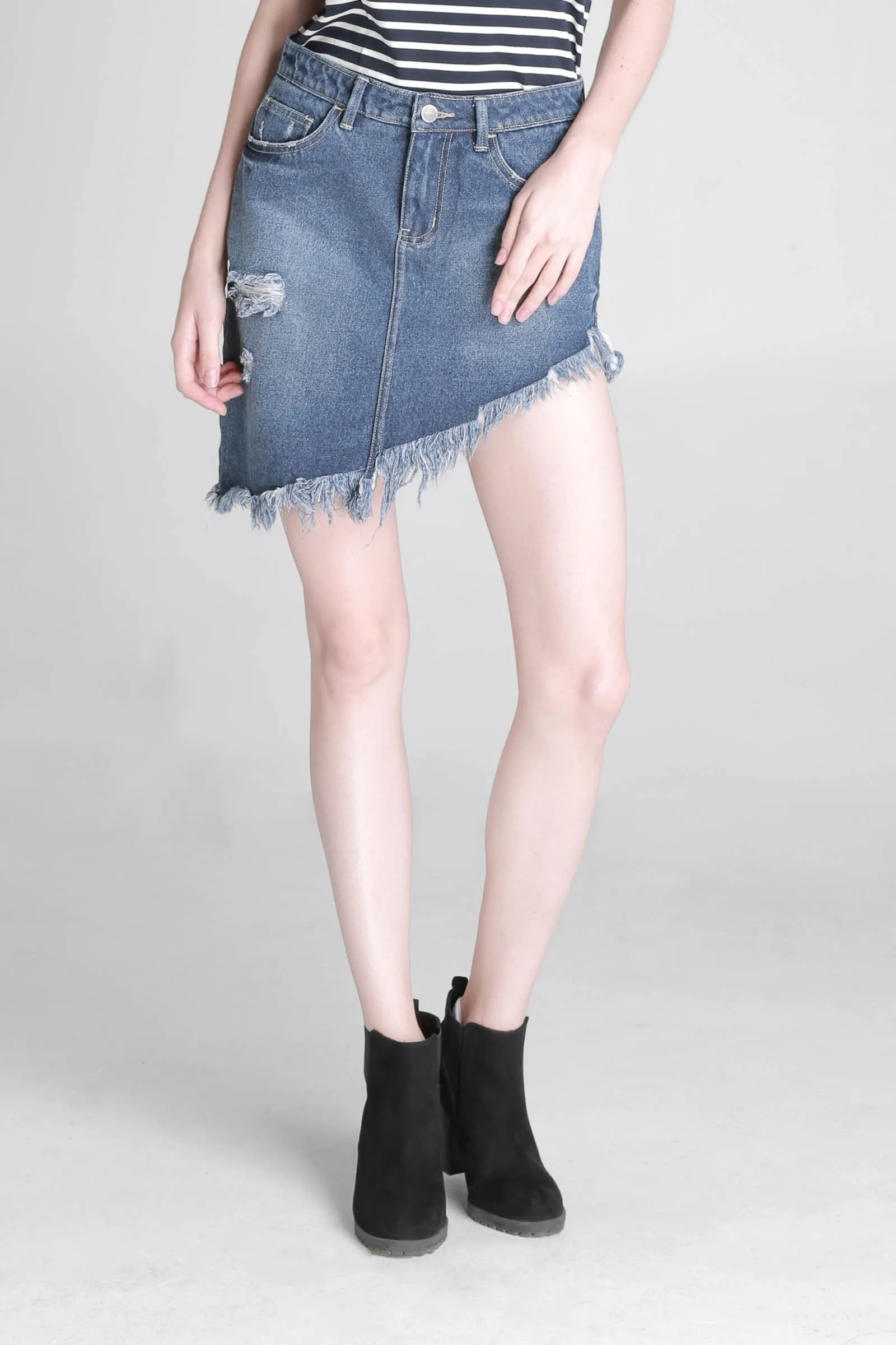 Asymmetric Denim Skirt With Frayed Hem