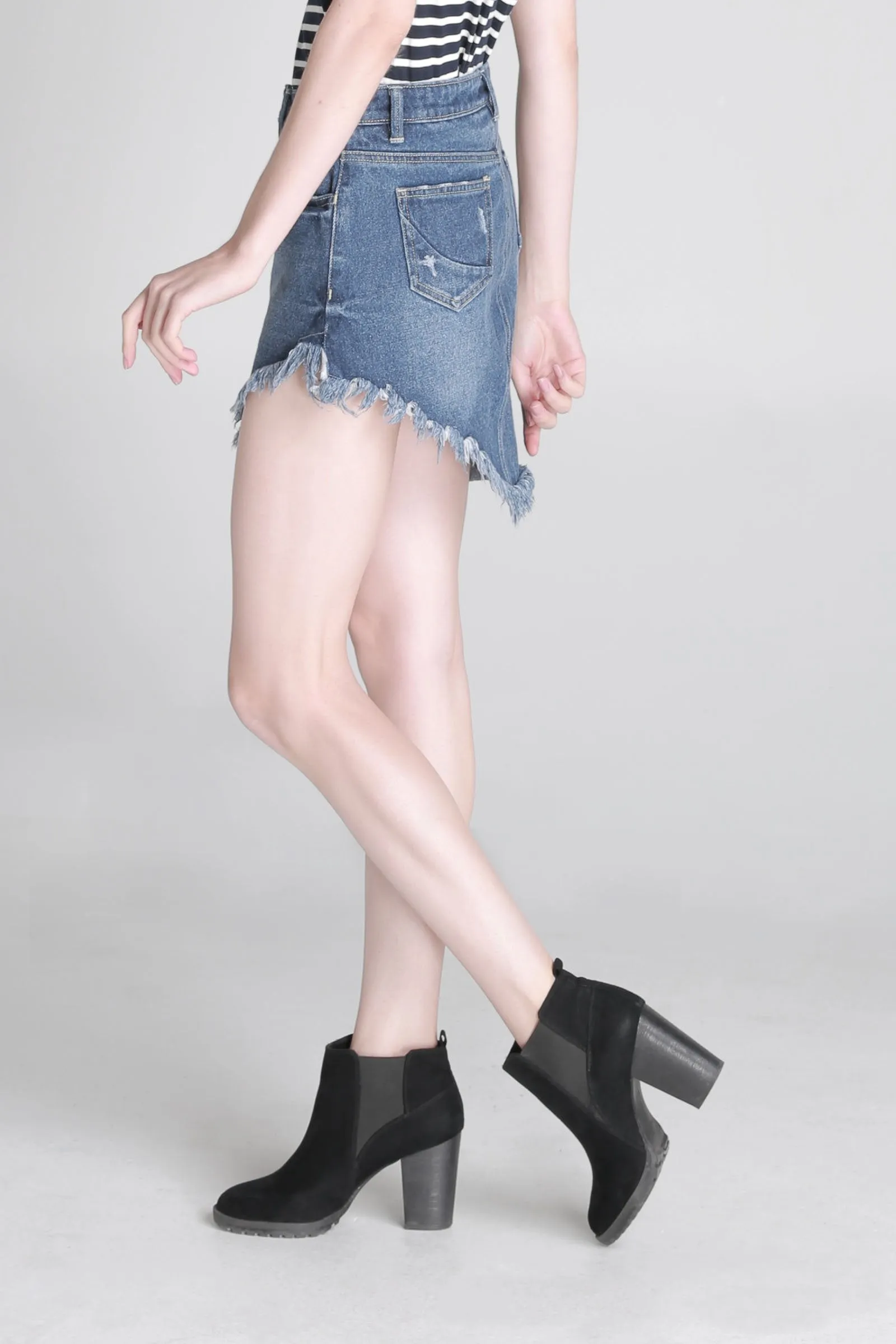 Asymmetric Denim Skirt With Frayed Hem