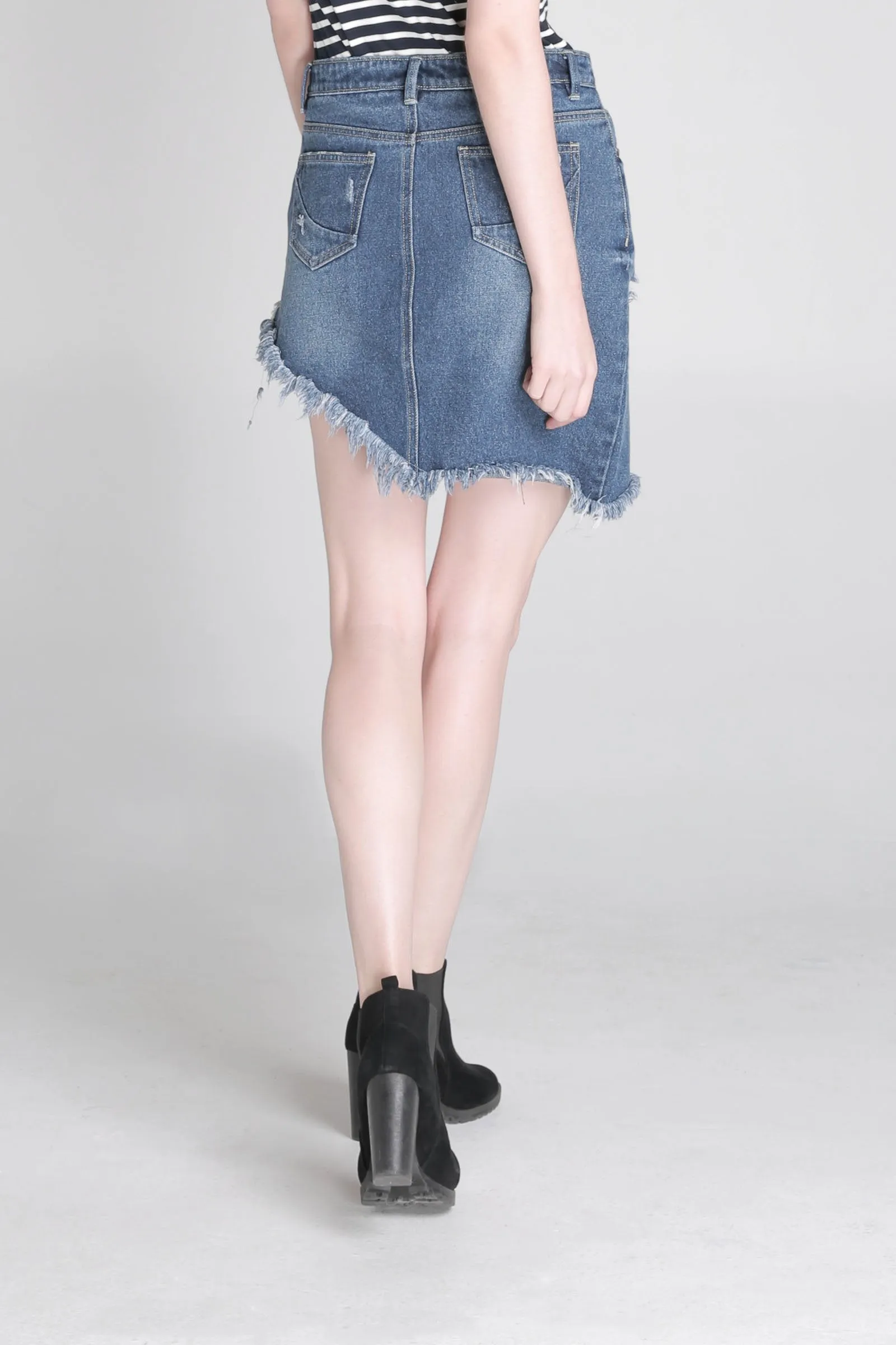 Asymmetric Denim Skirt With Frayed Hem