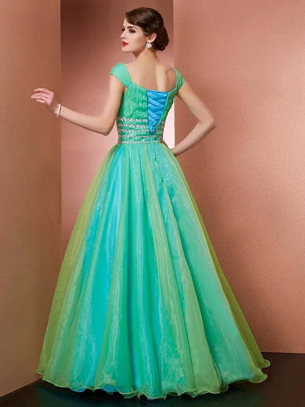 Ball Gown Off the Shoulder Sleeveless Beading Long Satin Quinceanera Dresses