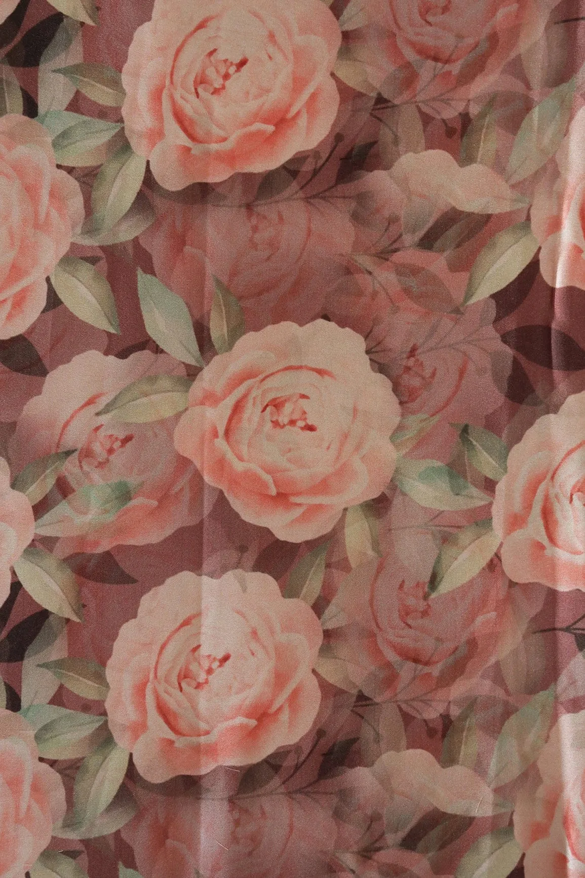 Beautiful Peach Floral Pattern Digital Print On Brown Satin Fabric