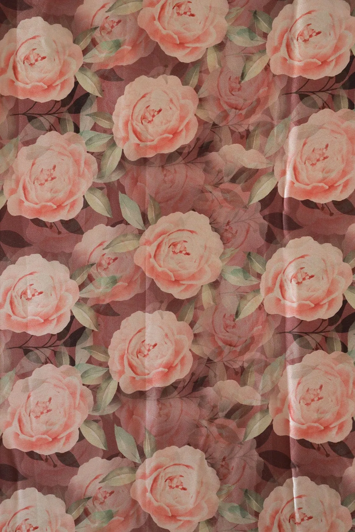 Beautiful Peach Floral Pattern Digital Print On Brown Satin Fabric