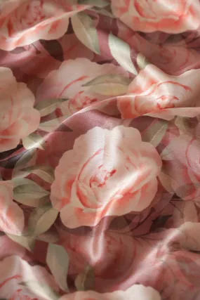 Beautiful Peach Floral Pattern Digital Print On Brown Satin Fabric