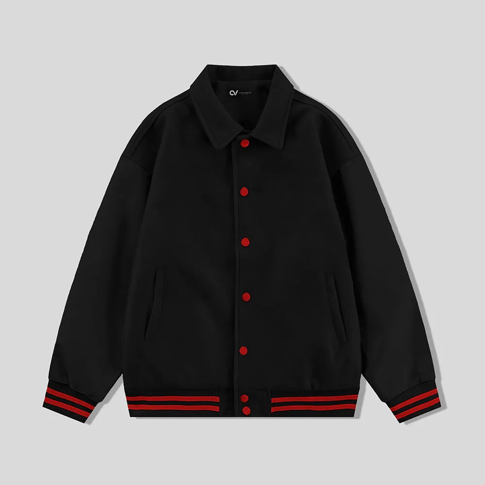 Black Byron Collar Wool & Leather Varsity Jacket With Red Stripes - Jack N Hoods