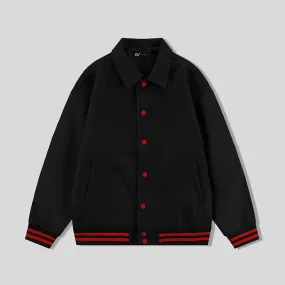 Black Byron Collar Wool & Leather Varsity Jacket With Red Stripes - Jack N Hoods