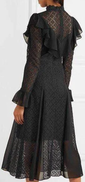 Black Ruffle Lace Midi Dress