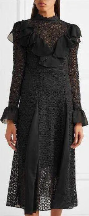 Black Ruffle Lace Midi Dress