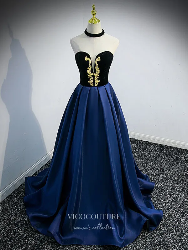 Blue Satin Prom Dresses Removable Sleeve Formal Dresses 21329