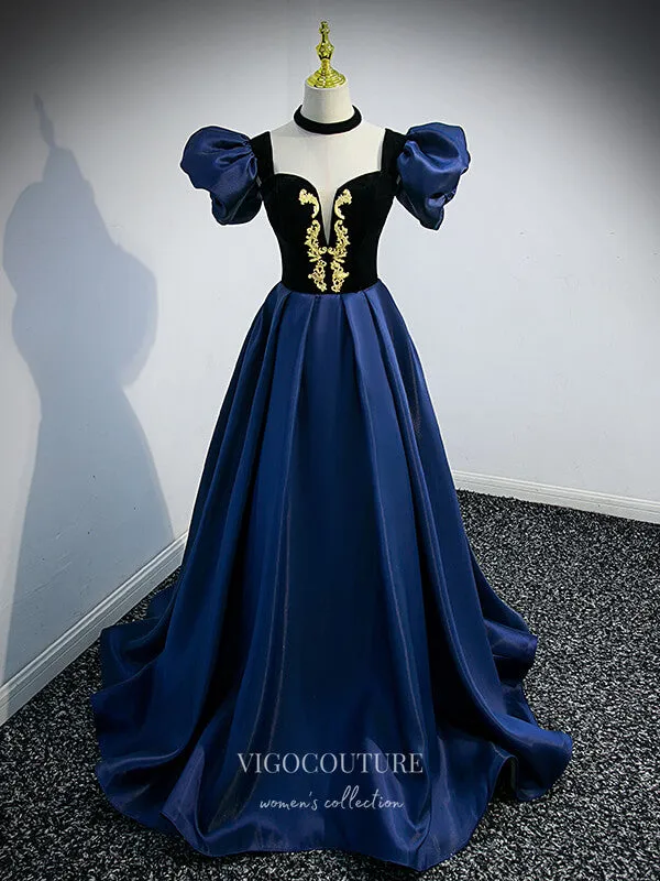 Blue Satin Prom Dresses Removable Sleeve Formal Dresses 21329