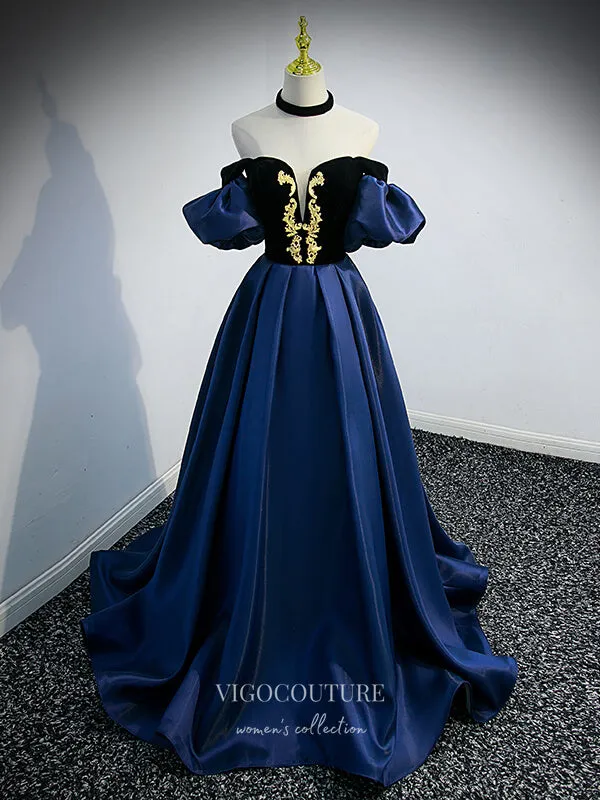 Blue Satin Prom Dresses Removable Sleeve Formal Dresses 21329