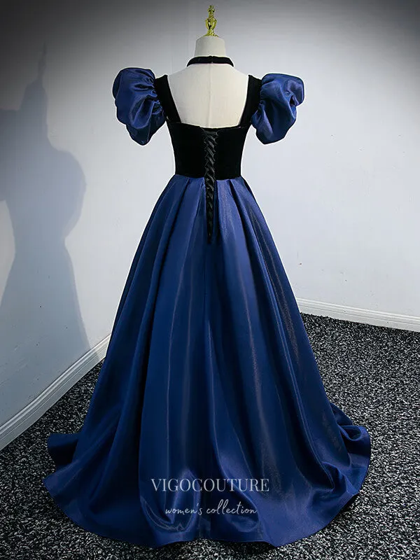 Blue Satin Prom Dresses Removable Sleeve Formal Dresses 21329