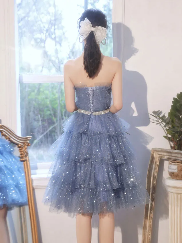 Blue Tulle Sequin Short Prom Dress, Blue Puffy Cute Homecoming Dresses