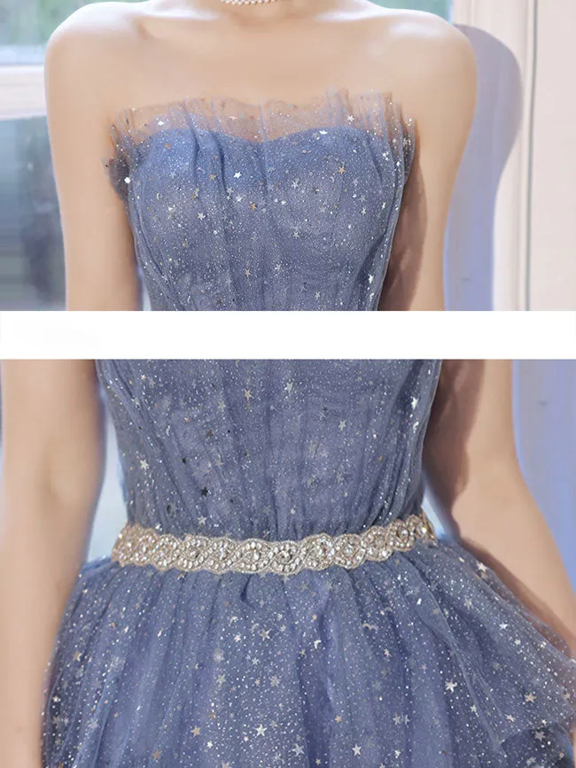 Blue Tulle Sequin Short Prom Dress, Blue Puffy Cute Homecoming Dresses