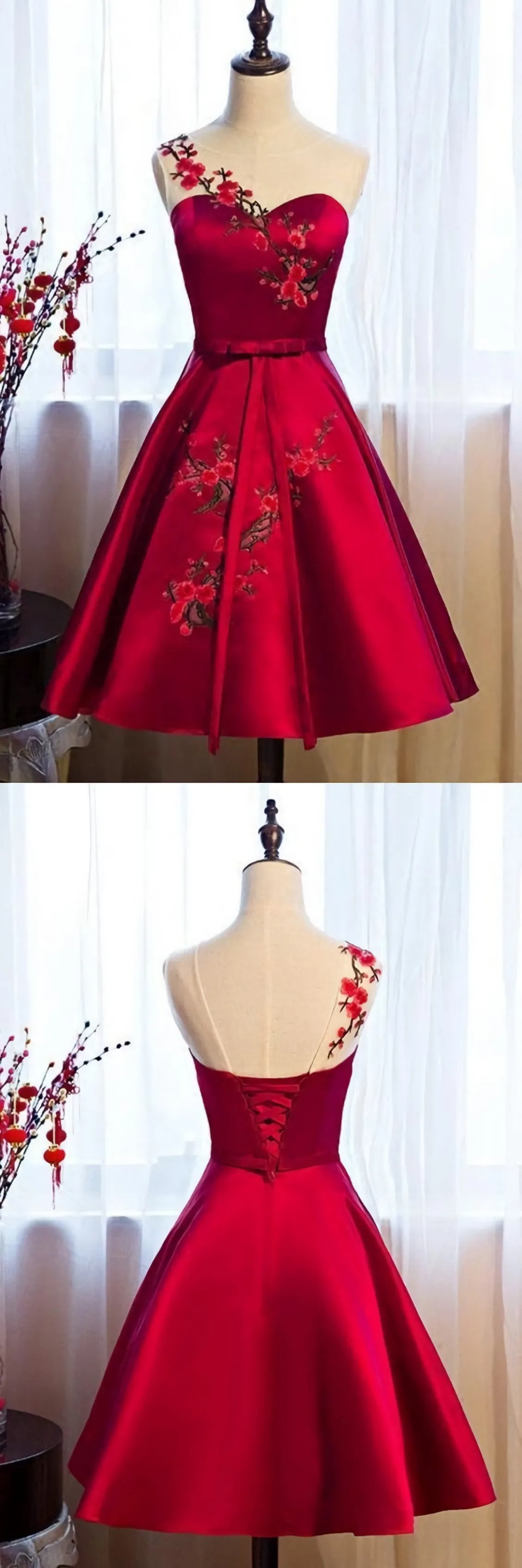 Burgundy Satin Homecoming Dresses, With Applique