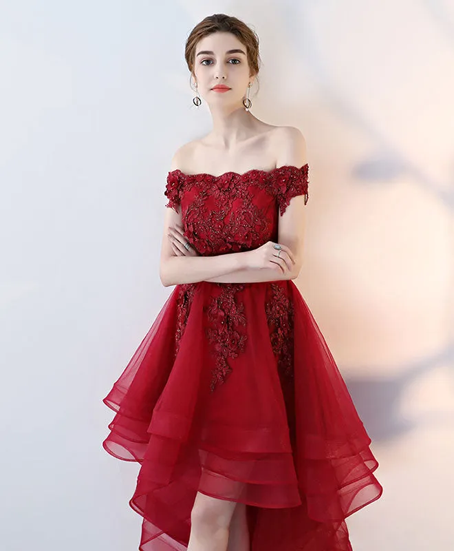 Burgundy Tulle Lace Off Shoulder Prom Dress Tulle Homecoming Dress