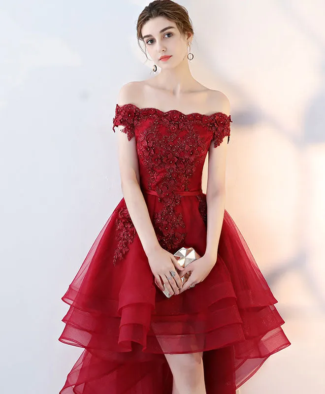 Burgundy Tulle Lace Off Shoulder Prom Dress Tulle Homecoming Dress