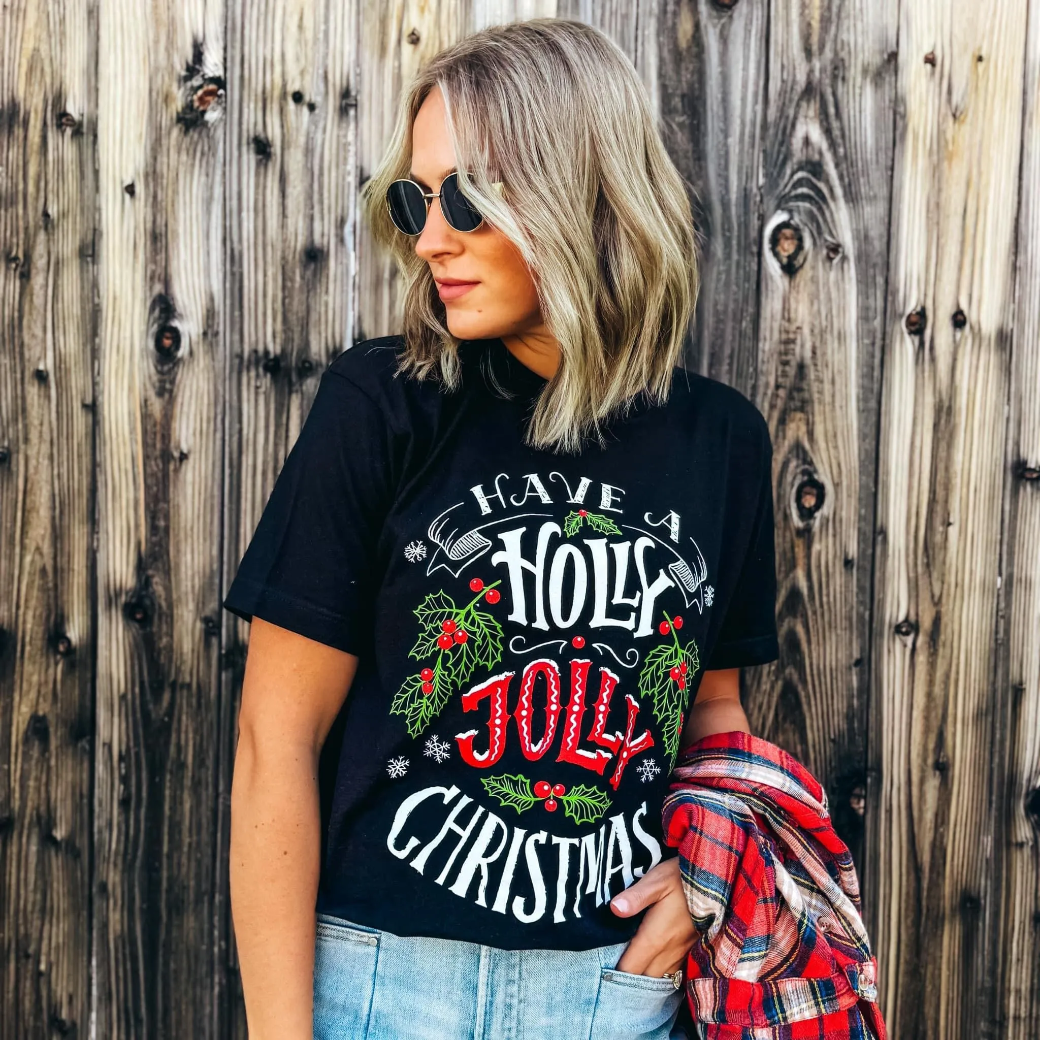 Chalkboard Holly Jolly Christmas Vintage Black Tee