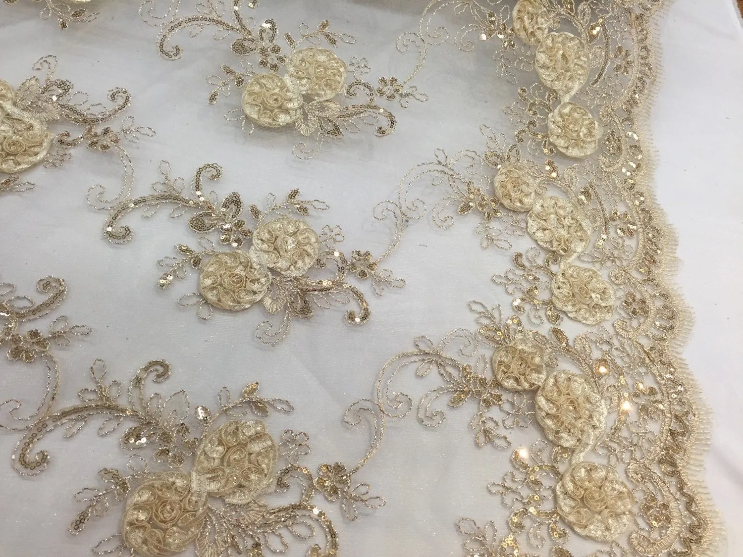 Champagne 3d flowers embroider with sequins on a mesh lace fabric. Sold by the yard.