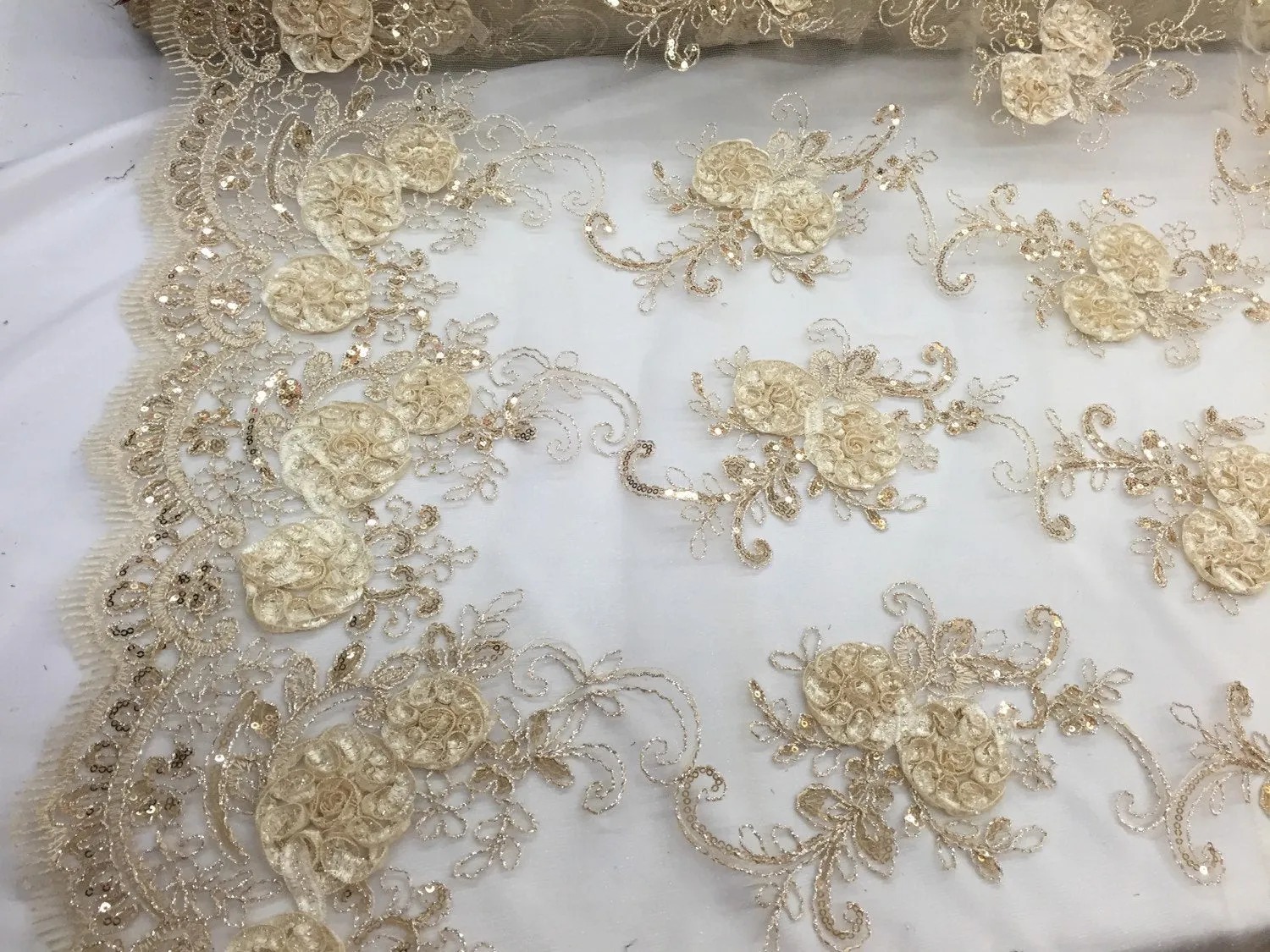 Champagne 3d flowers embroider with sequins on a mesh lace fabric. Sold by the yard.