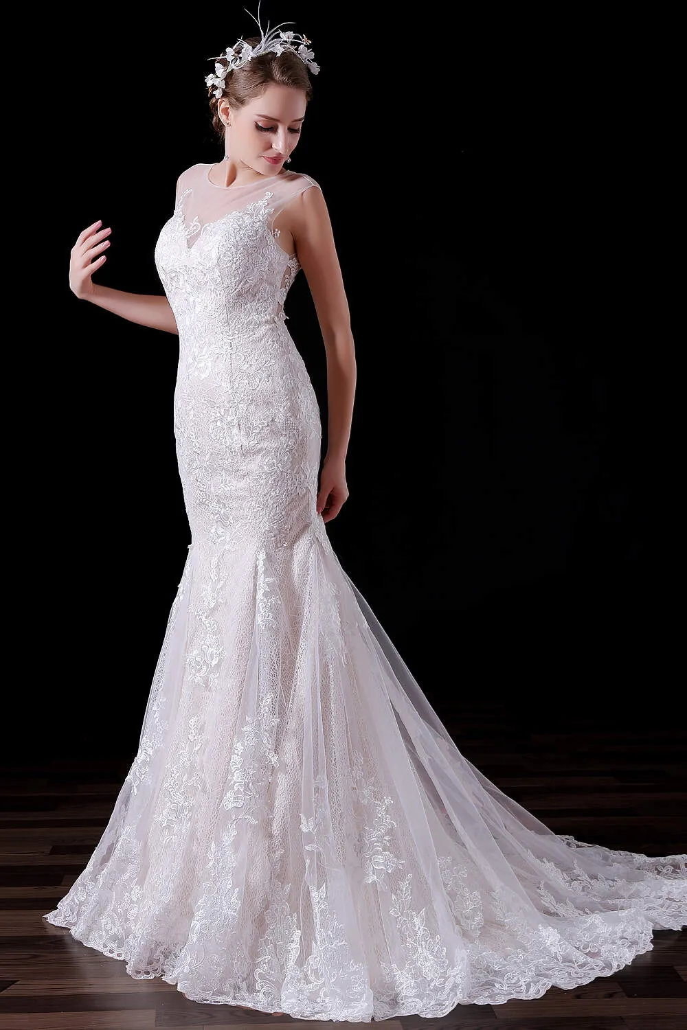 Champagne Lace Tulle Mermaid Long Wedding Dresses