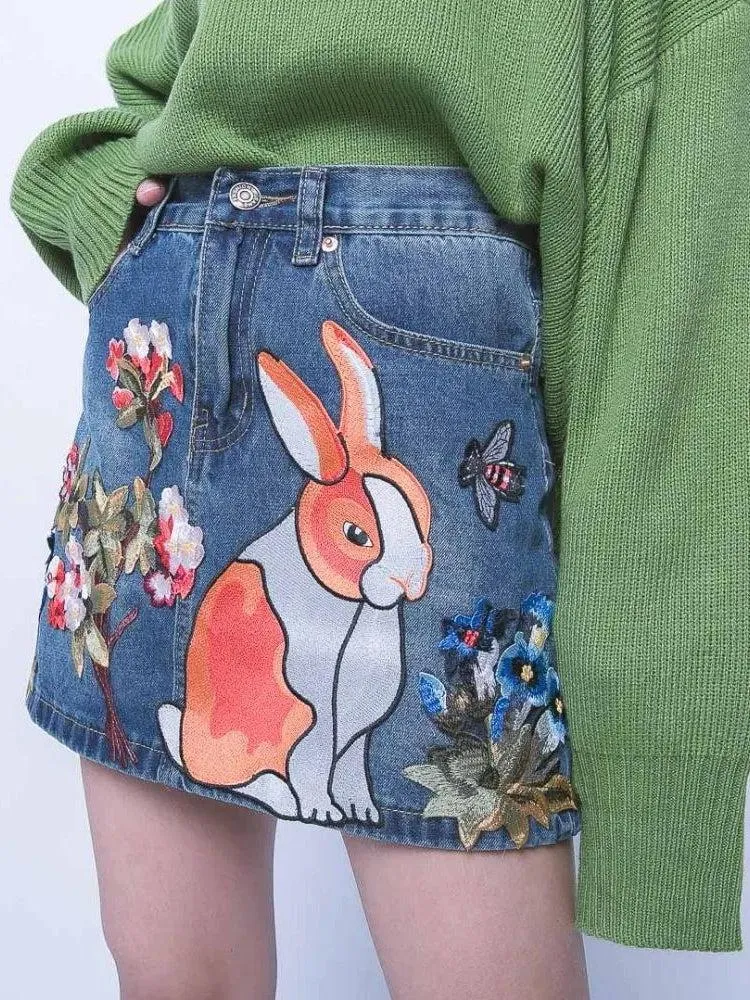 Cute Rabbit Denim Mini Skirt