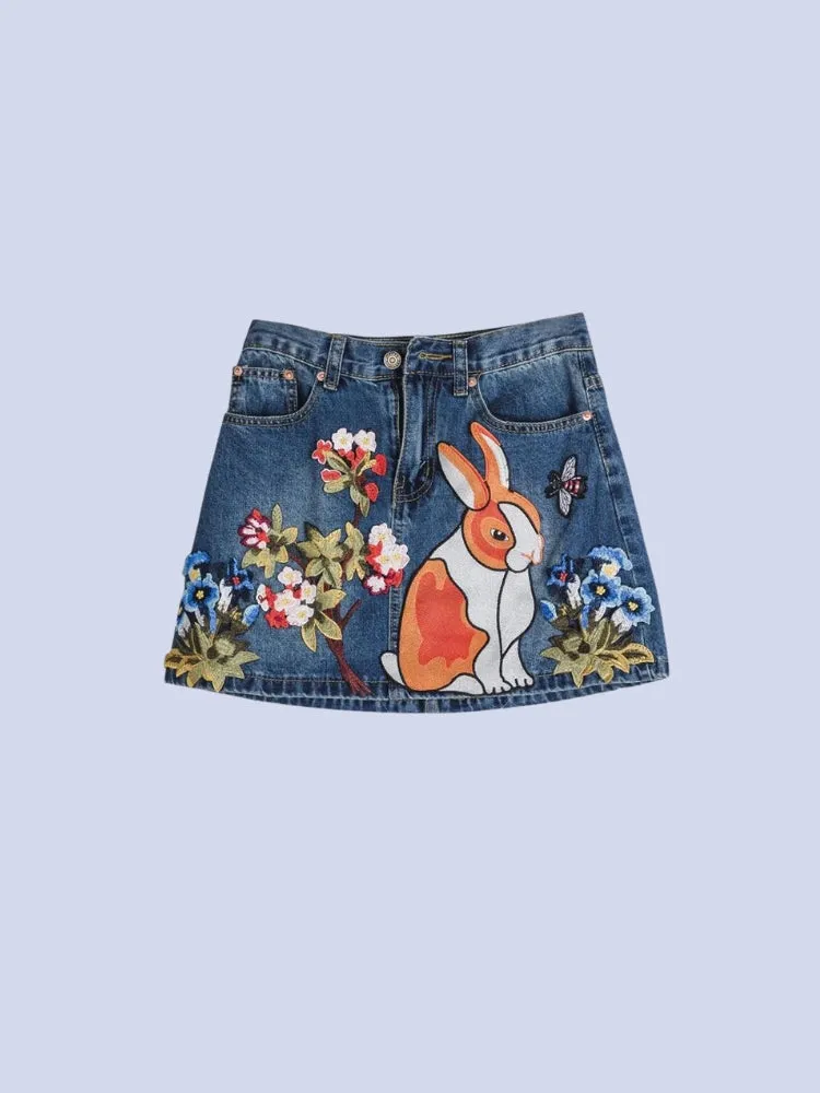 Cute Rabbit Denim Mini Skirt