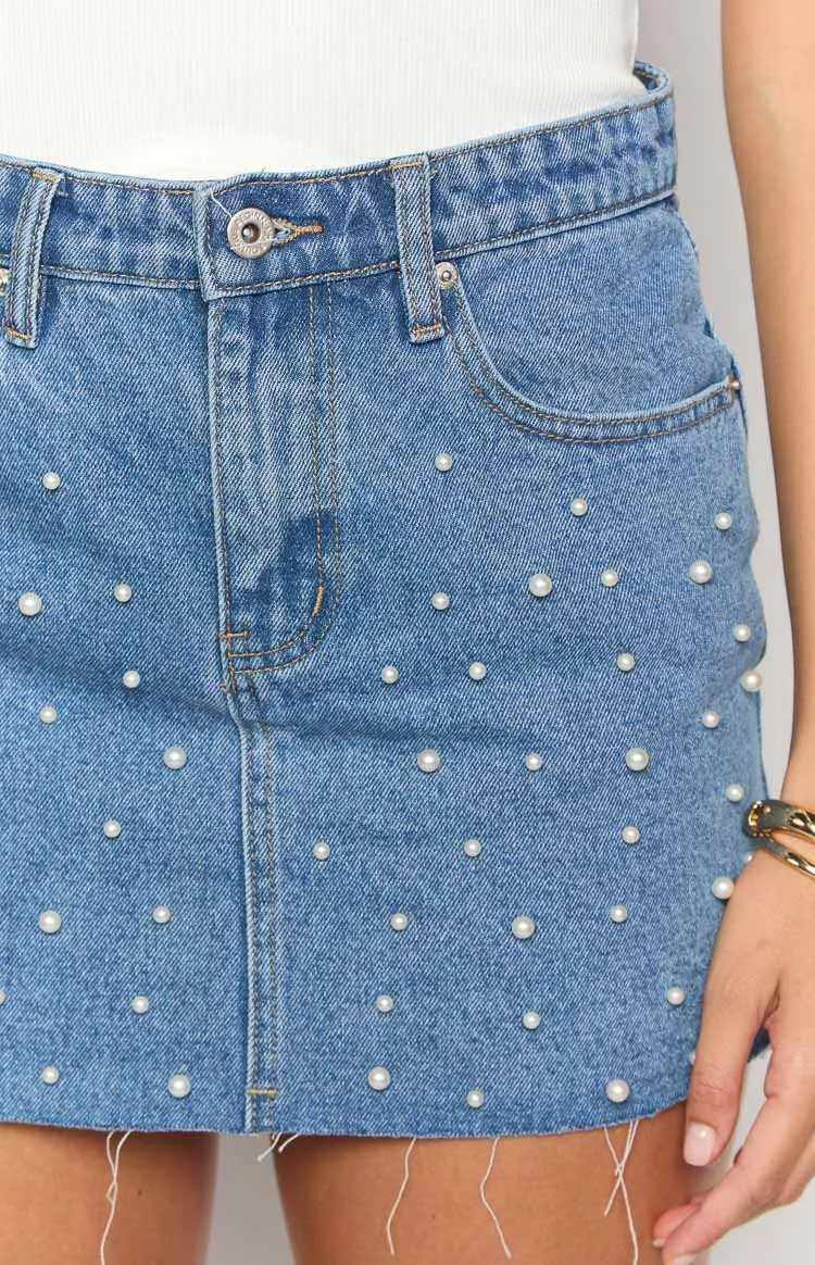 Denim Dazzle Pearl Mid Wash Mini Skirt