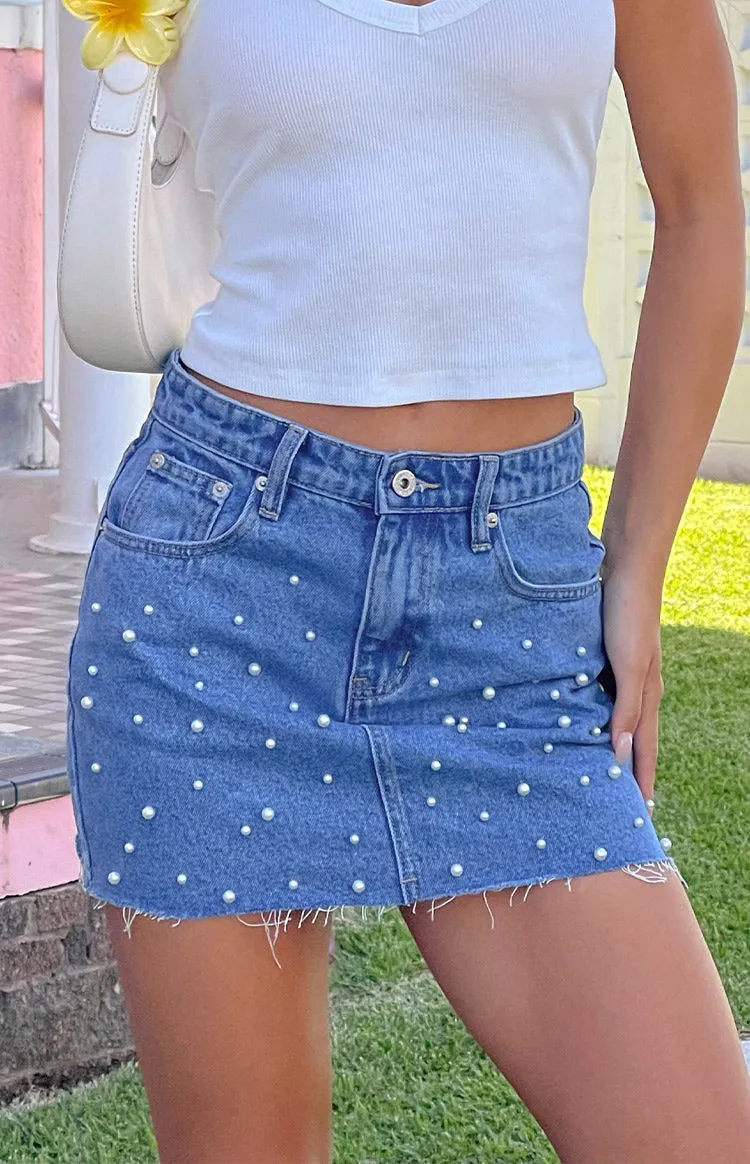 Denim Dazzle Pearl Mid Wash Mini Skirt