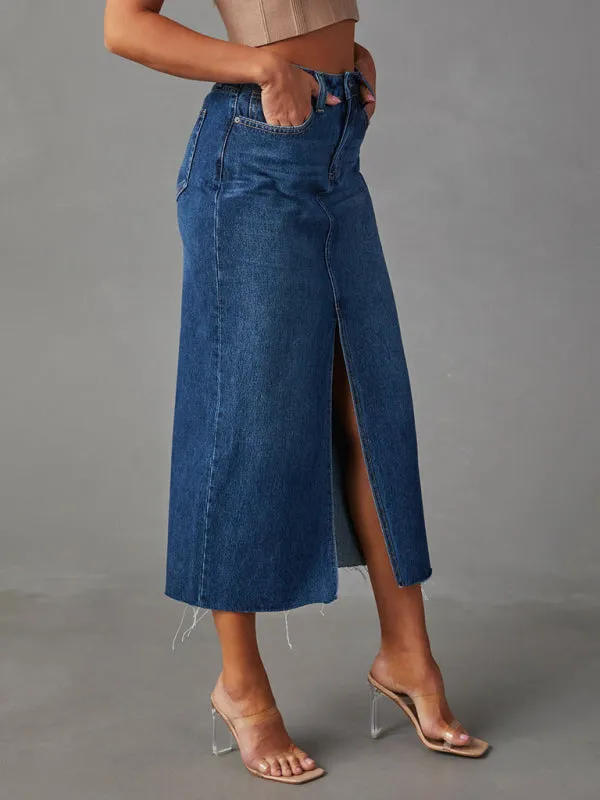 Distressed Washed Denim Slit Midi Skirt for Women