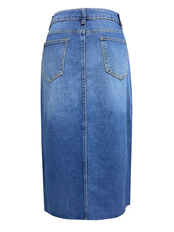 Distressed Washed Denim Slit Midi Skirt for Women