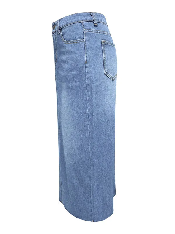 Distressed Washed Denim Slit Midi Skirt for Women