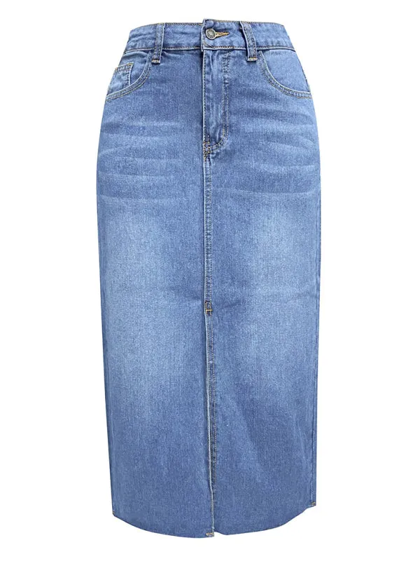 Distressed Washed Denim Slit Midi Skirt for Women