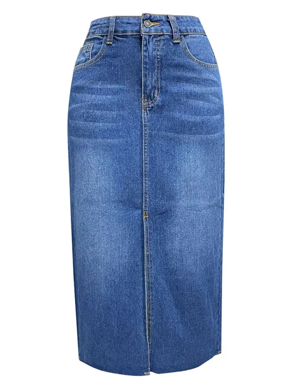 Distressed Washed Denim Slit Midi Skirt for Women