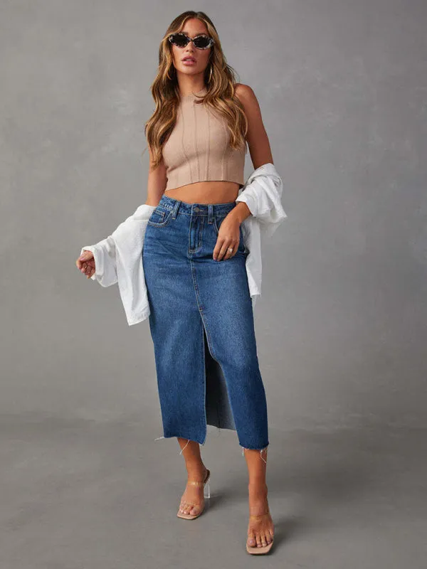 Distressed Washed Denim Slit Midi Skirt for Women