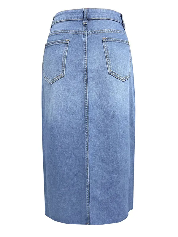 Distressed Washed Denim Slit Midi Skirt for Women