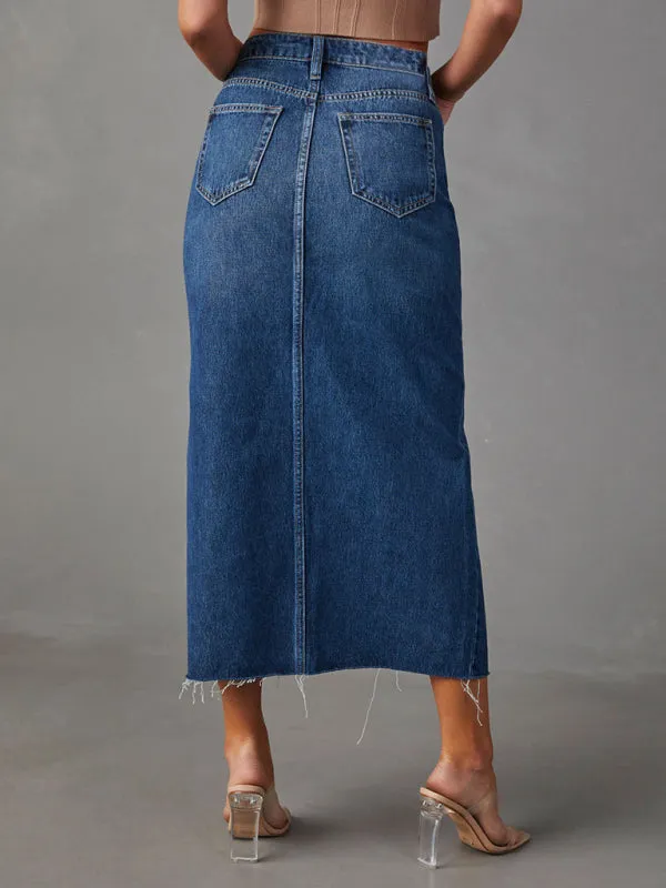 Distressed Washed Denim Slit Midi Skirt for Women