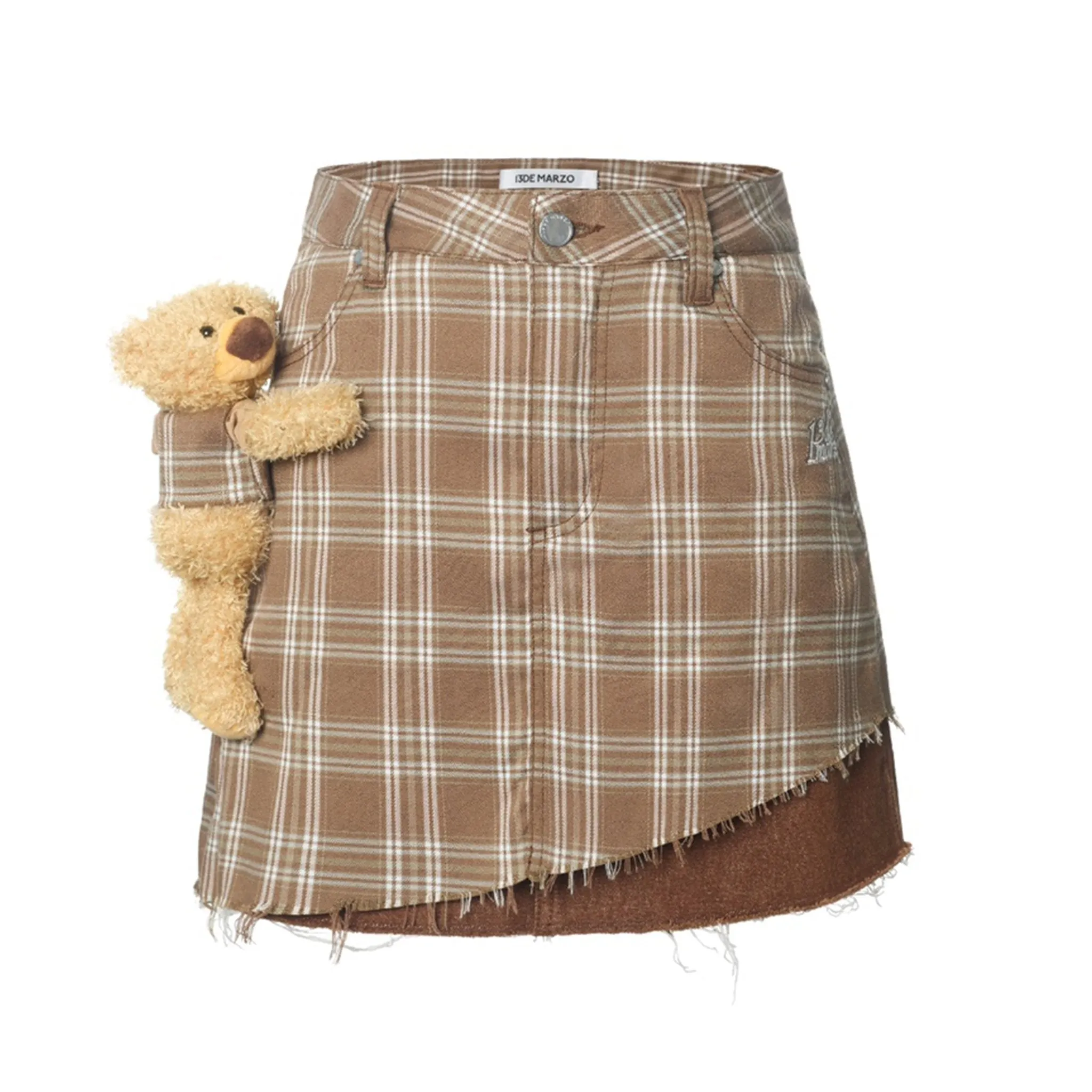 Doozoo Plaid Denim Skirt in Brown