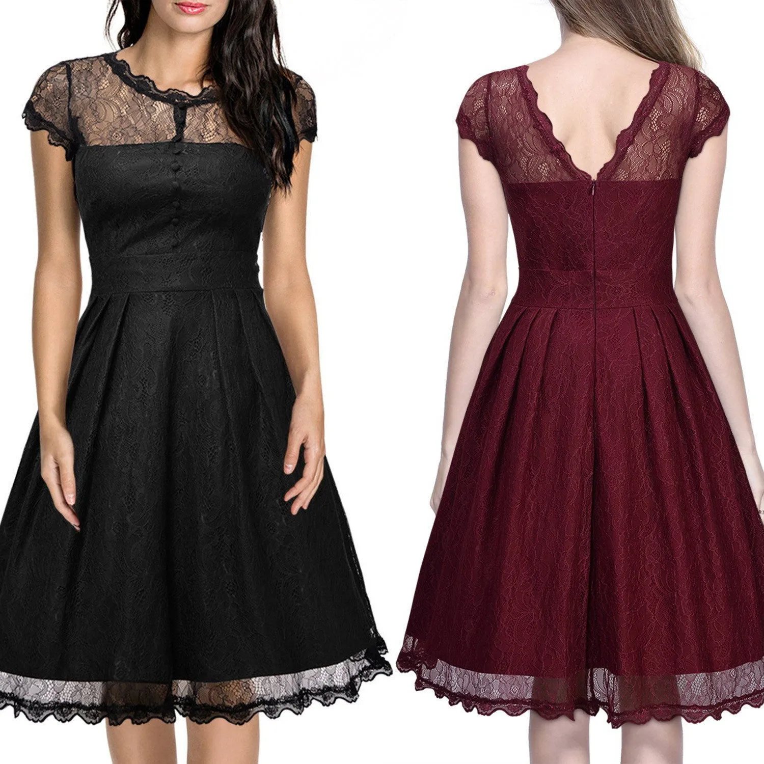 Elegant Lace Short Sleeve A-Line Knee-Length Dress