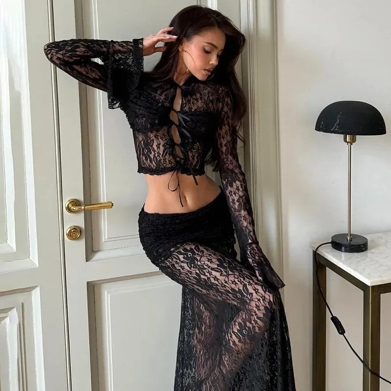 Elegant Sheer Lace Skirts Two Piece Sets Women Sexy Lace-up Long Sleeve Tops and High Waist Slim Skirts Suits Party Sets Dress