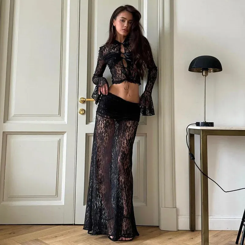 Elegant Sheer Lace Skirts Two Piece Sets Women Sexy Lace-up Long Sleeve Tops and High Waist Slim Skirts Suits Party Sets Dress