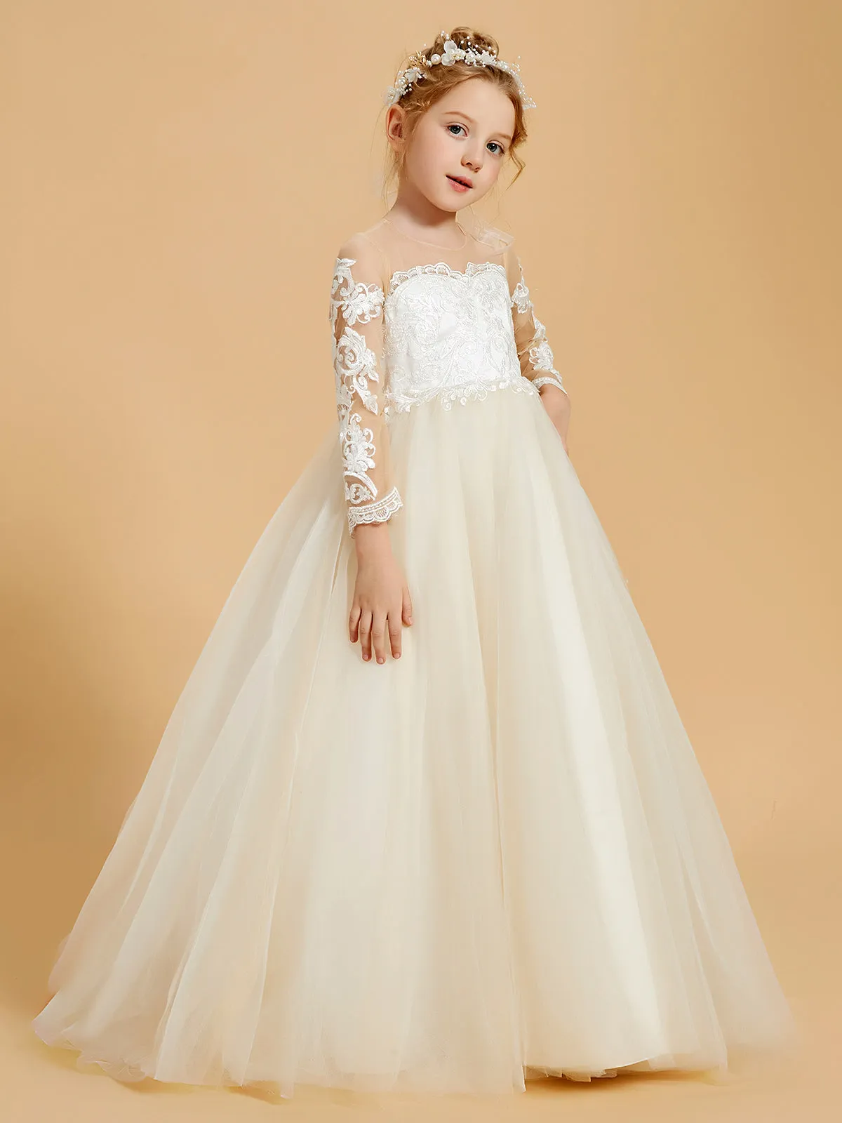 Elegant Tulle Flower Girl Dresses with Lace Applique and Button Accents