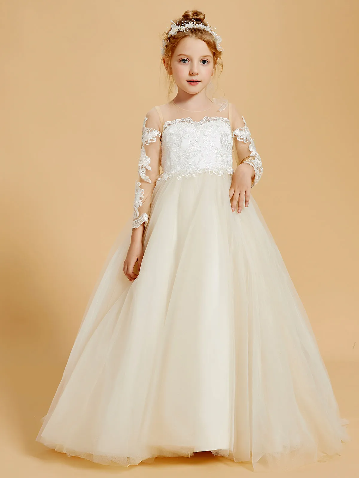 Elegant Tulle Flower Girl Dresses with Lace Applique and Button Accents